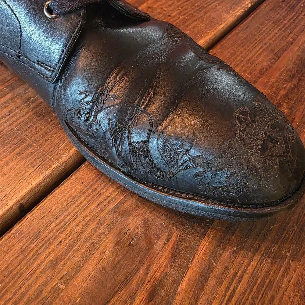 Alexander McQueen Black Laser Etched Leather Boots size 42 tattoo art Damaged